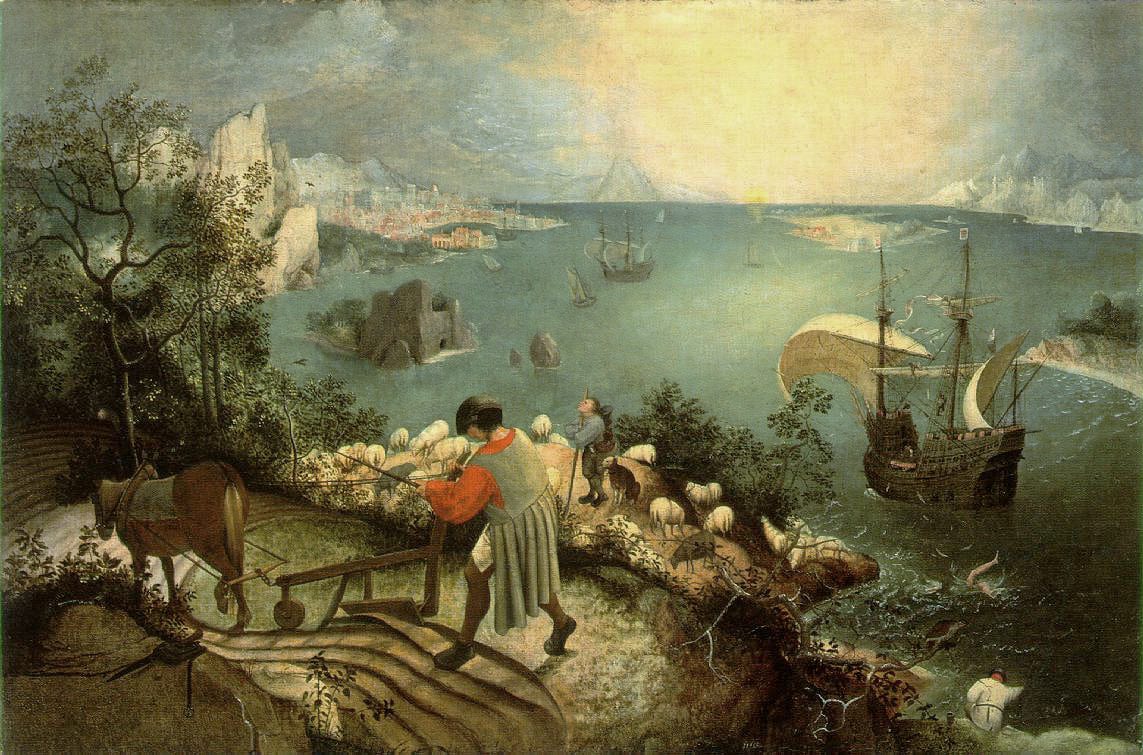 Paisaje con la caída de Ícaro, composición atribuida a Pieter Bruegel el Viejo, obra sin fecha conservada en los Museos Reales de Bellas Artes de Bélgica. Reproducción de dominio público.