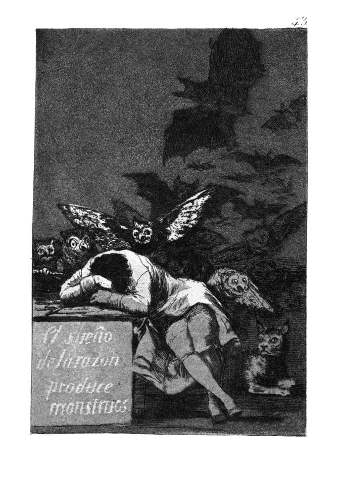 Francisco de Goya, El sueño de la razón produce monstruos, lámina 43 de Los Caprichos, 1797-1799. Aguafuerte y aguatinta. Reproducción de dominio público.