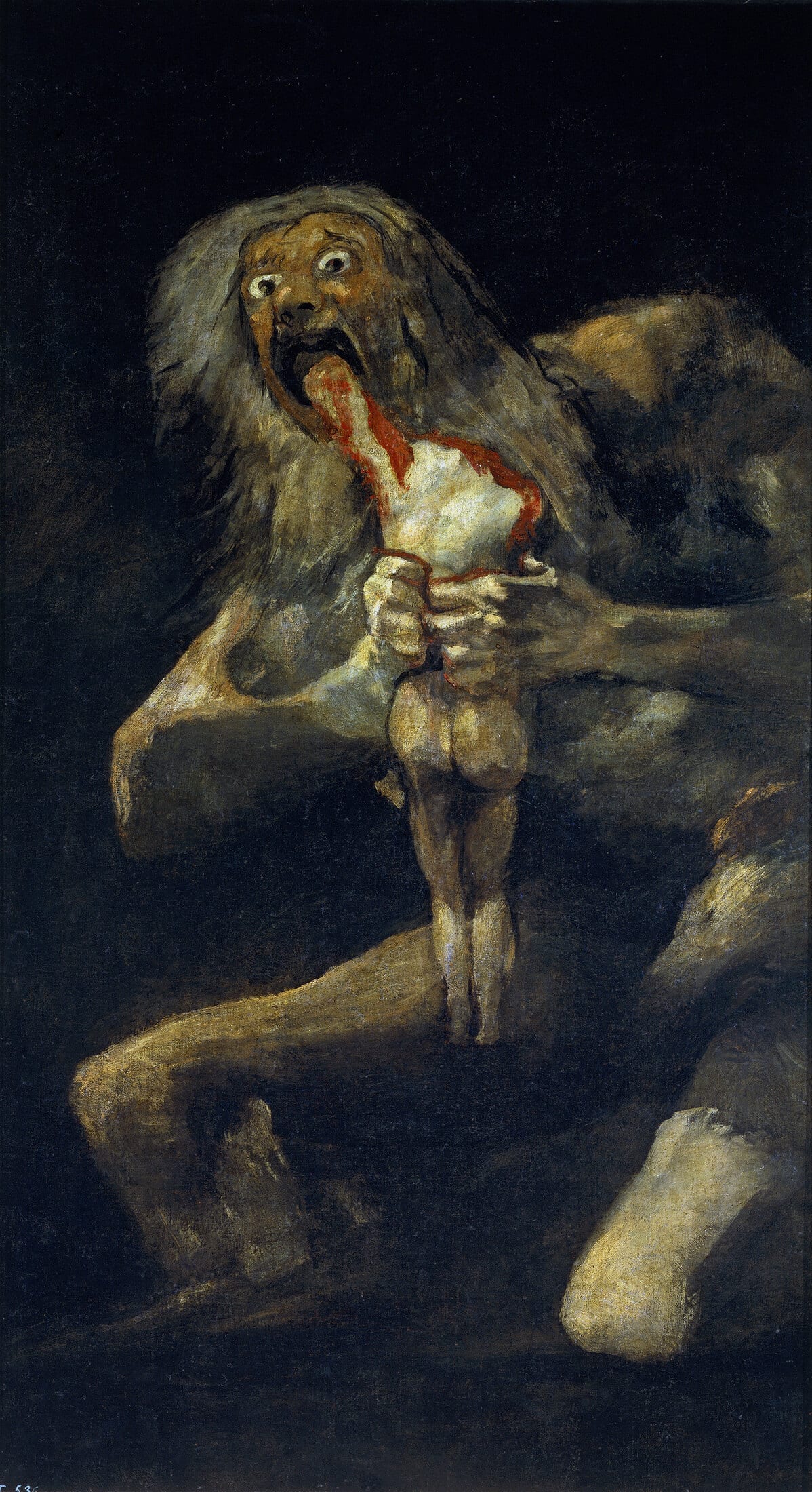 Francisco de Goya, Saturno, 1820-1823. Técnica mixta sobre revestimiento mural trasladado a lienzo, Museo Nacional del Prado. Reproducción de dominio público.