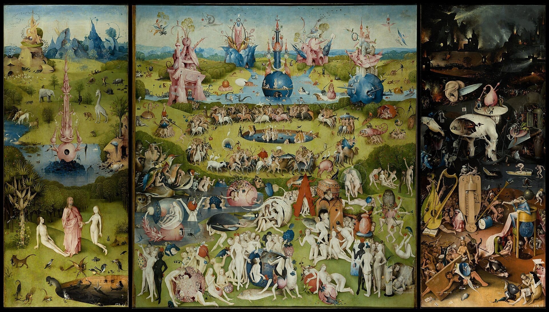 El Bosco, Tríptico del Jardín de las delicias, entre 1490 y 1500. Óleo sobre tabla, Museo Nacional del Prado. Reproducción de dominio público.