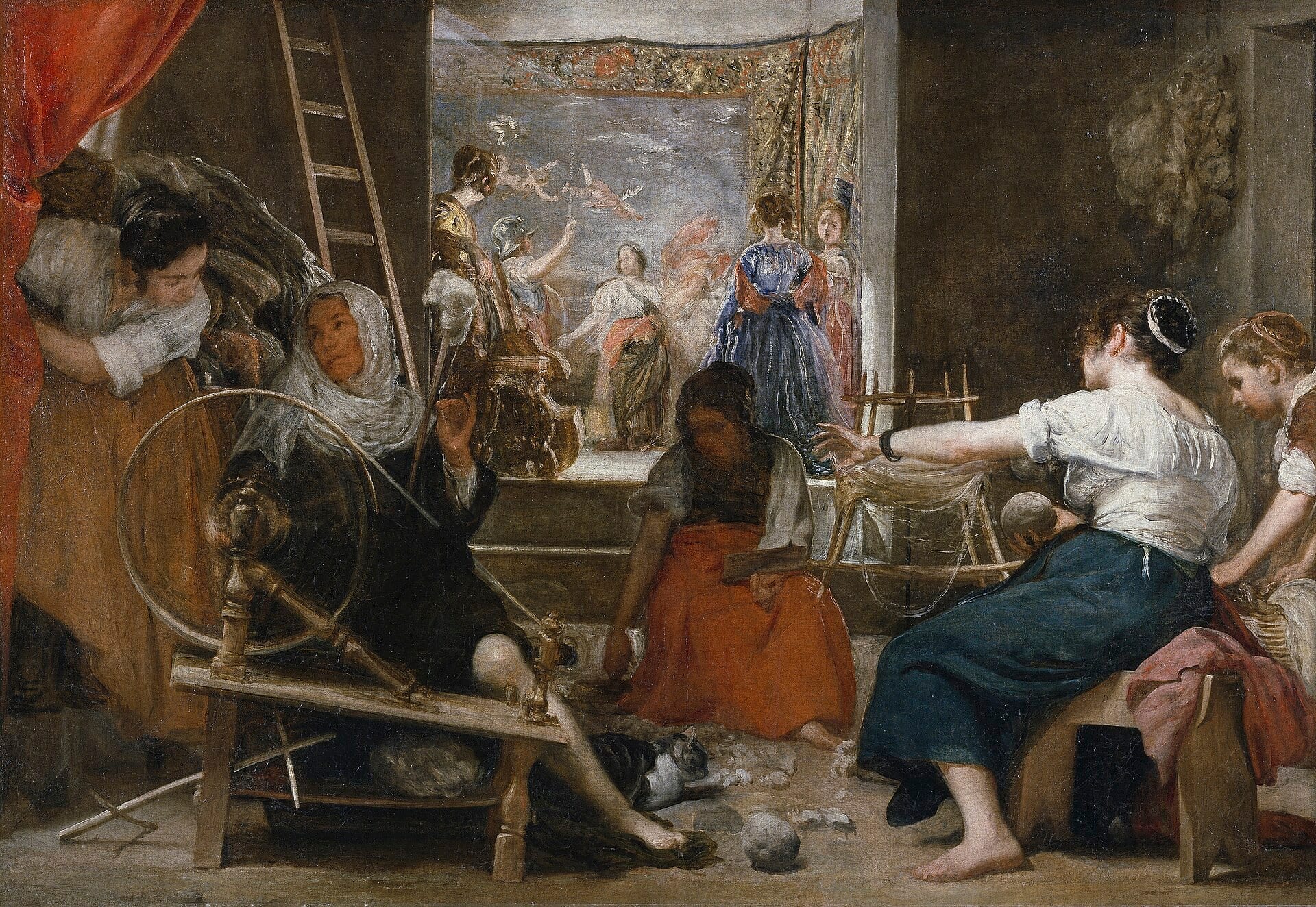 Diego Velázquez, Las hilanderas o La fábula de Aracne, hacia 1657. Óleo sobre lienzo, Museo Nacional del Prado. Reproducción de dominio público.